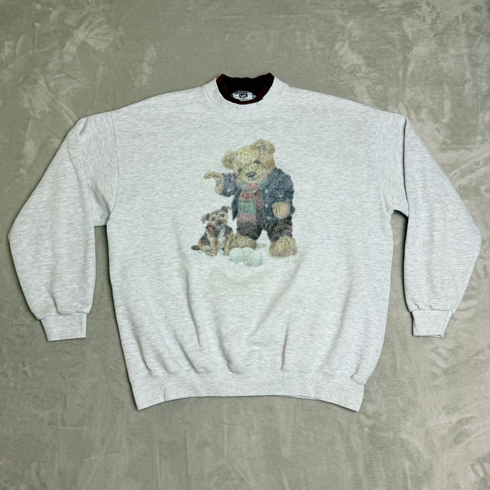 Vintage Lee Heavyweight Sweatshirt XL Gray Teddy Bear Dog 90s Snow USA Made Y2K